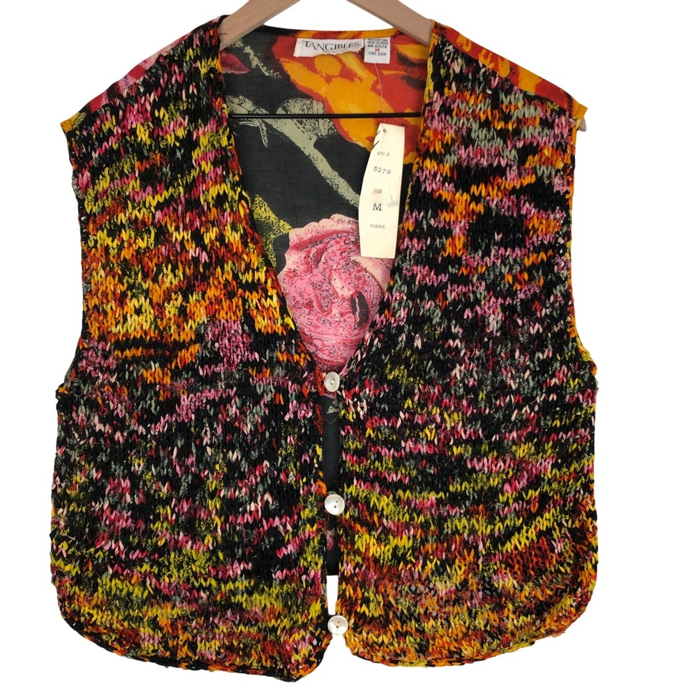 VTG NWT Tangibles Mixed Media‎ Knit Floral Back Vest Women's M Multicolor Button